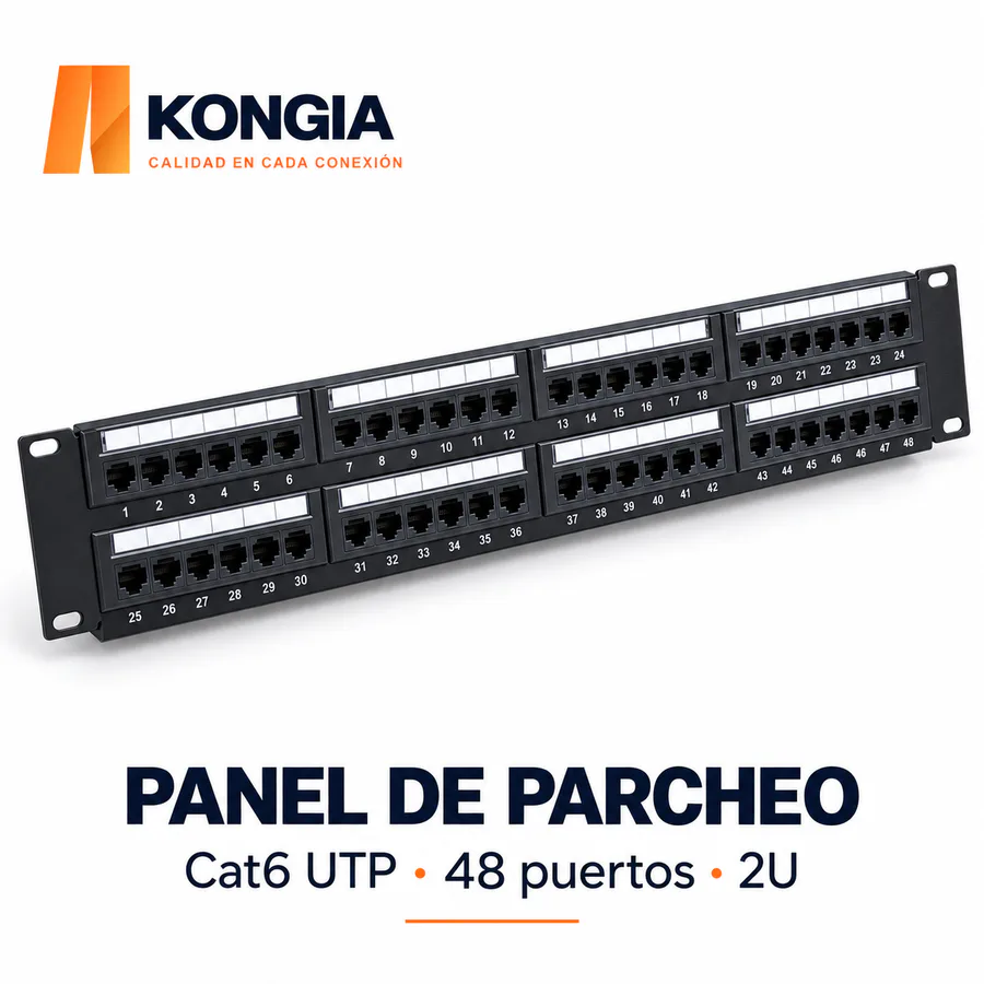 Panel de Parcheo Cat6 UTP de 48 Puertos, 2U, con Anillos Autoblocantes, Acero Reforzado y Contactos Chapados en Oro