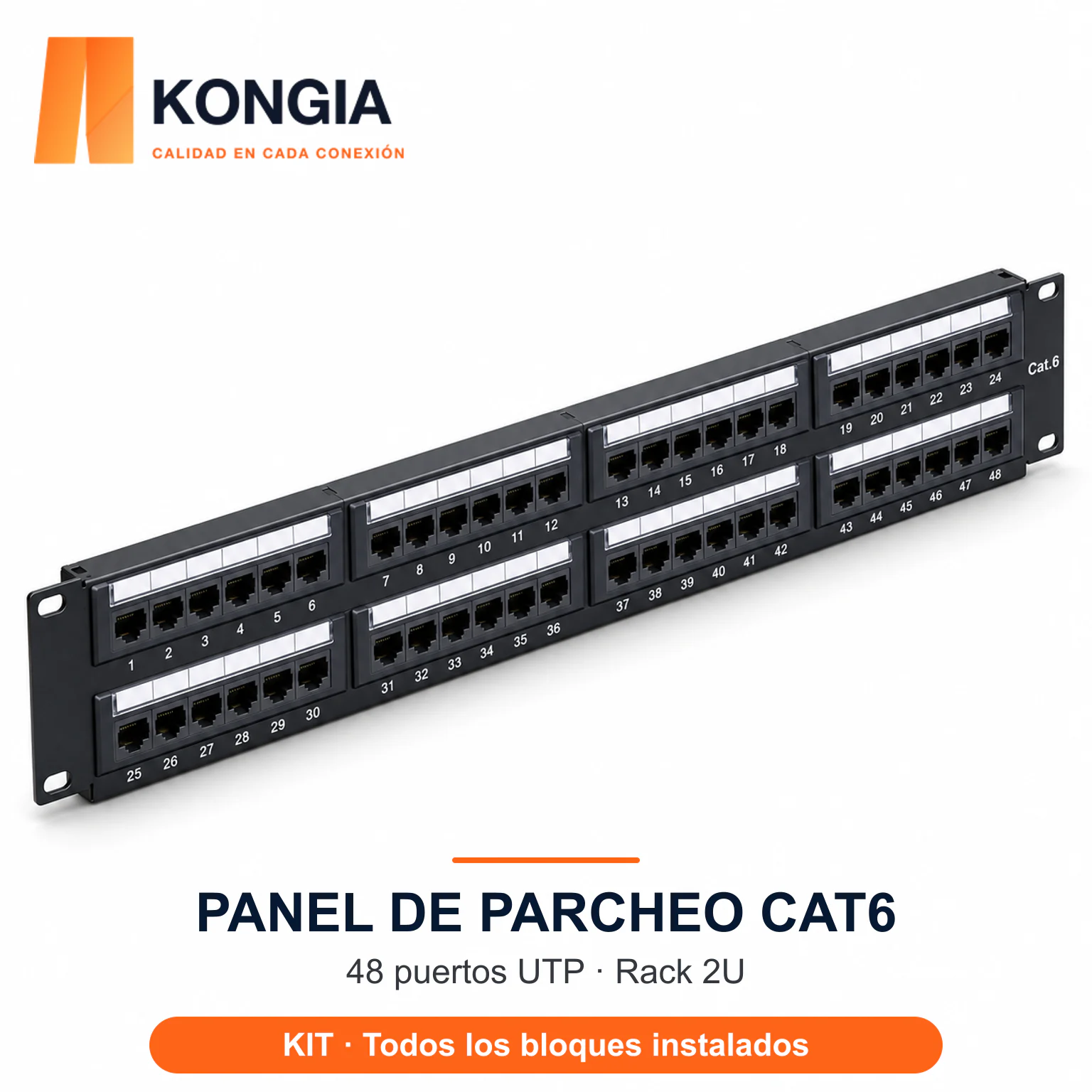 Panel de Parcheo Cat6 UTP de 48 Puertos, 2U, con Anillos Autoblocantes, Acero Reforzado y Contactos Chapados en Oro. Todos los bloques instalados
