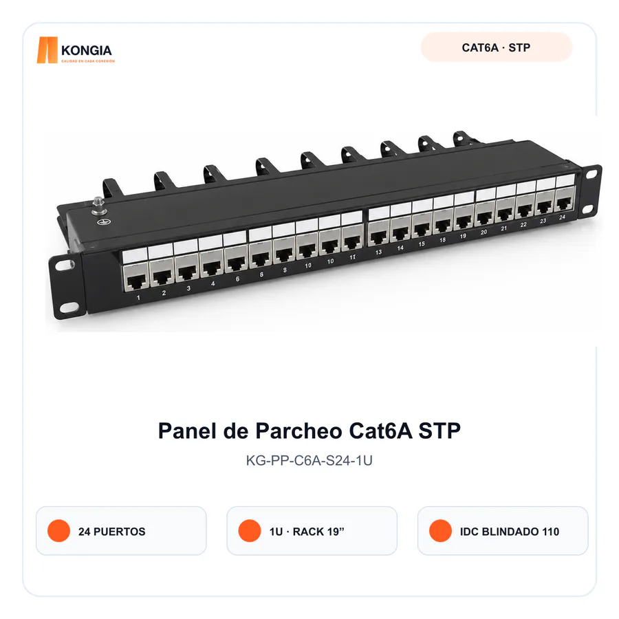 Panel de Parcheo Cat6A STP Blindado de 24 Puertos, 1U