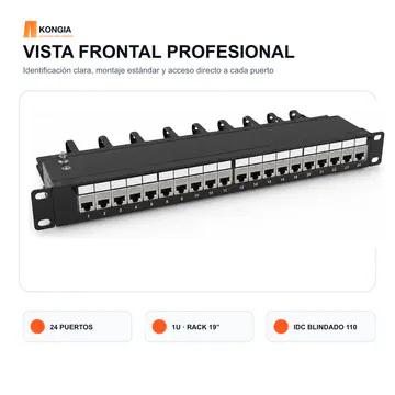 Vista frontal — Panel de Parcheo Cat6A STP Blindado de 24 Puertos, 1U — KG-PP-C6A-S24-1U