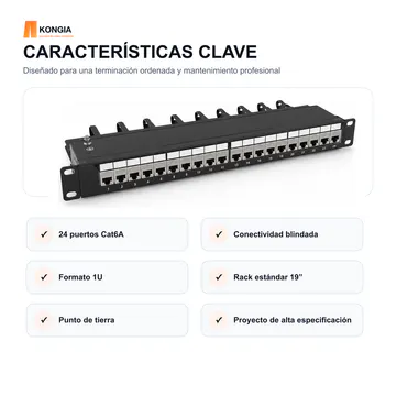Características clave — Panel de Parcheo Cat6A STP Blindado de 24 Puertos, 1U — KG-PP-C6A-S24-1U