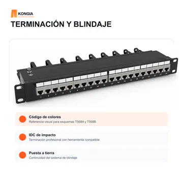 Terminación posterior — Panel de Parcheo Cat6A STP Blindado de 24 Puertos, 1U — KG-PP-C6A-S24-1U