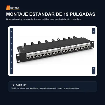 Instalación en rack — Panel de Parcheo Cat6A STP Blindado de 24 Puertos, 1U — KG-PP-C6A-S24-1U