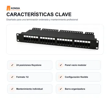 Características clave — Panel de Parcheo Modular Keystone Vacío de 24 Puertos, 1U — KG-PP-KS24-1U