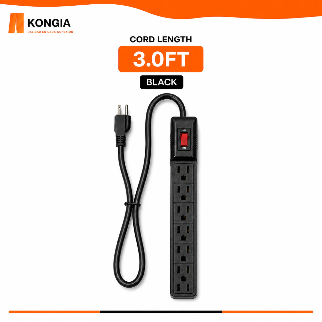 Regleta KONGIA con 6 Tomacorrientes USA | IP22 · 110–125 V · Máx. 15 A · 16AWG