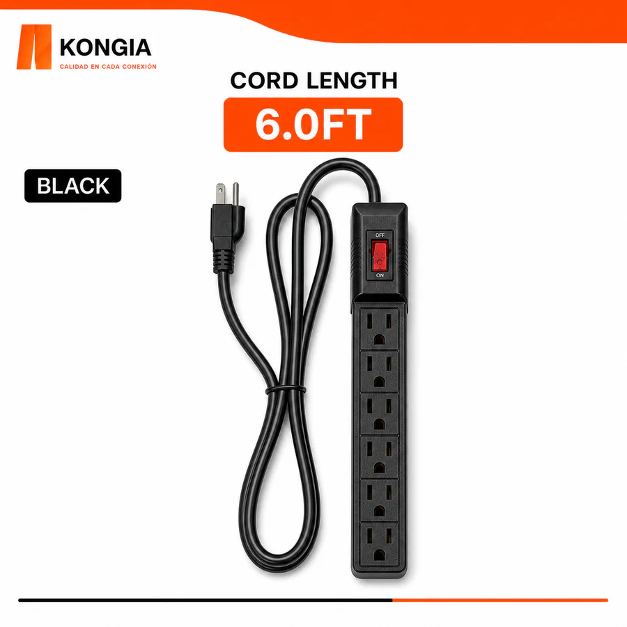 Regleta KONGIA con 6 Tomacorrientes USA | IP22 · 110–125 V · Máx. 15 A · 16AWG