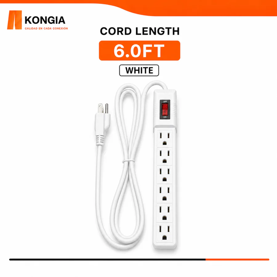 Regleta KONGIA con 6 Tomacorrientes USA | IP22 · 110–125 V · Máx. 15 A · 16AWG