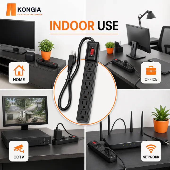 Escenarios de uso - Regleta KONGIA con 6 Tomacorrientes USA | IP22 · 110–125 V · Máx. 15 A · 16AWG