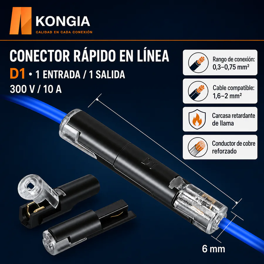 Conector Rápido en Línea sin Pelar D1, 1 Circuito, 300 V, 10 A, 100 Piezas