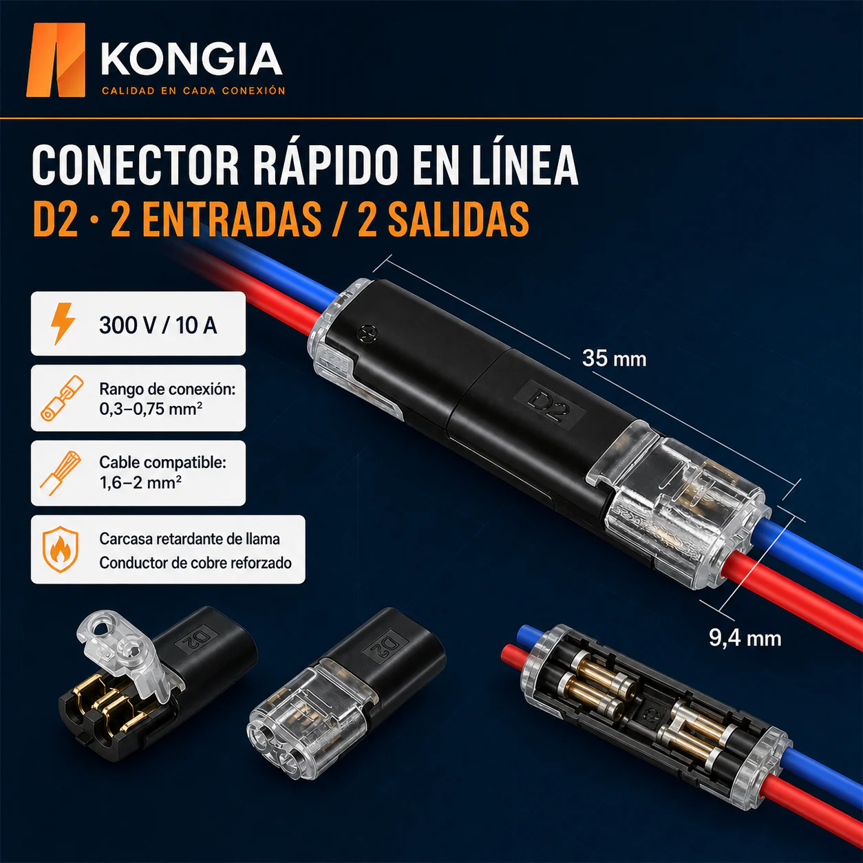 Conector Rápido en Línea sin Pelar D2, 2 Circuitos Independientes, 300 V, 10 A, 100 Piezas