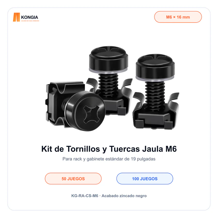 Kit de Tornillos, Arandelas y Tuercas Jaula M6 para Rack, 50 Juegos