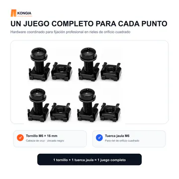 Contenido del juego de fijación M6 — Kit de Tornillos, Arandelas y Tuercas Jaula M6 para Rack, 100 Juegos — KG-RA-CS-M6-100