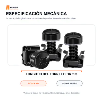 Especificación mecánica M6 por 16 mm — Kit de Tornillos, Arandelas y Tuercas Jaula M6 para Rack, 100 Juegos — KG-RA-CS-M6-100
