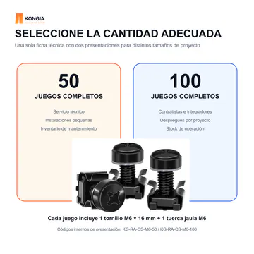 Presentaciones de 50 y 100 juegos — Kit de Tornillos, Arandelas y Tuercas Jaula M6 para Rack, 100 Juegos — KG-RA-CS-M6-100
