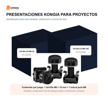 Empaque e identificación de presentaciones — Kit de Tornillos, Arandelas y Tuercas Jaula M6 para Rack, 100 Juegos — KG-RA-CS-M6-100