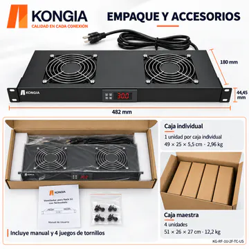 KG-RF-1U-2F-TC-US · Empaque individual, accesorios y caja maestra