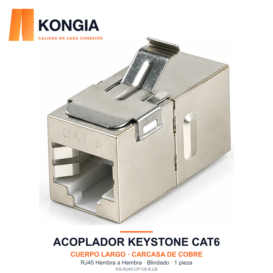 Acoplador Keystone RJ45 Cat6 Blindado de Cuerpo Largo, Carcasa de Cobre — 1 Pieza