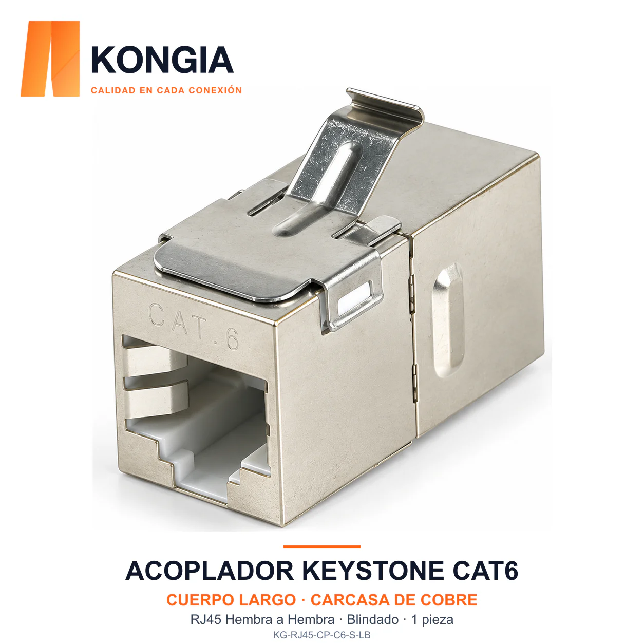 Acoplador Keystone RJ45 Cat6 Blindado de Cuerpo Largo, Carcasa de Cobre — 1 Pieza