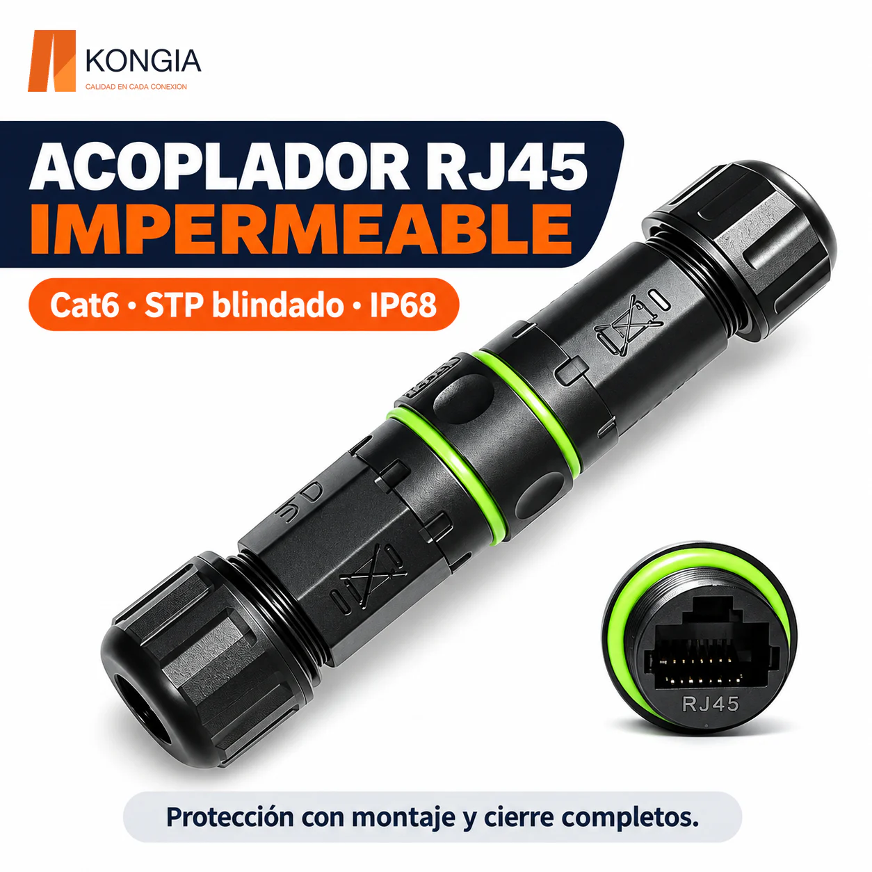 Acoplador Cat6 Blindado IP68 de 105 mm, RJ45 Hembra (8P8C) a RJ45 Hembra (8P8C), PA66