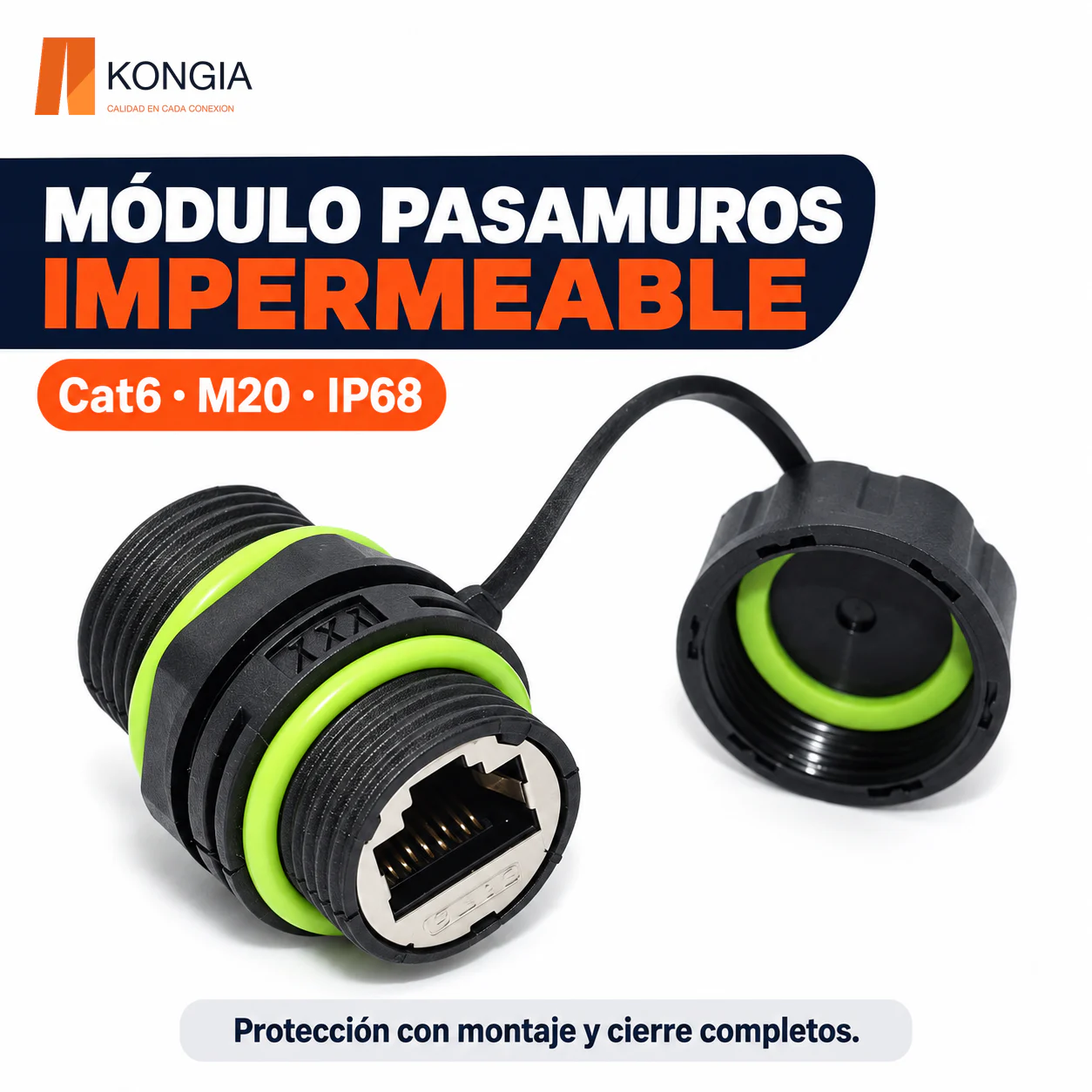 Módulo de Panel Cat6 M20, RJ45 Hembra a Hembra, con Tapa y Tuerca