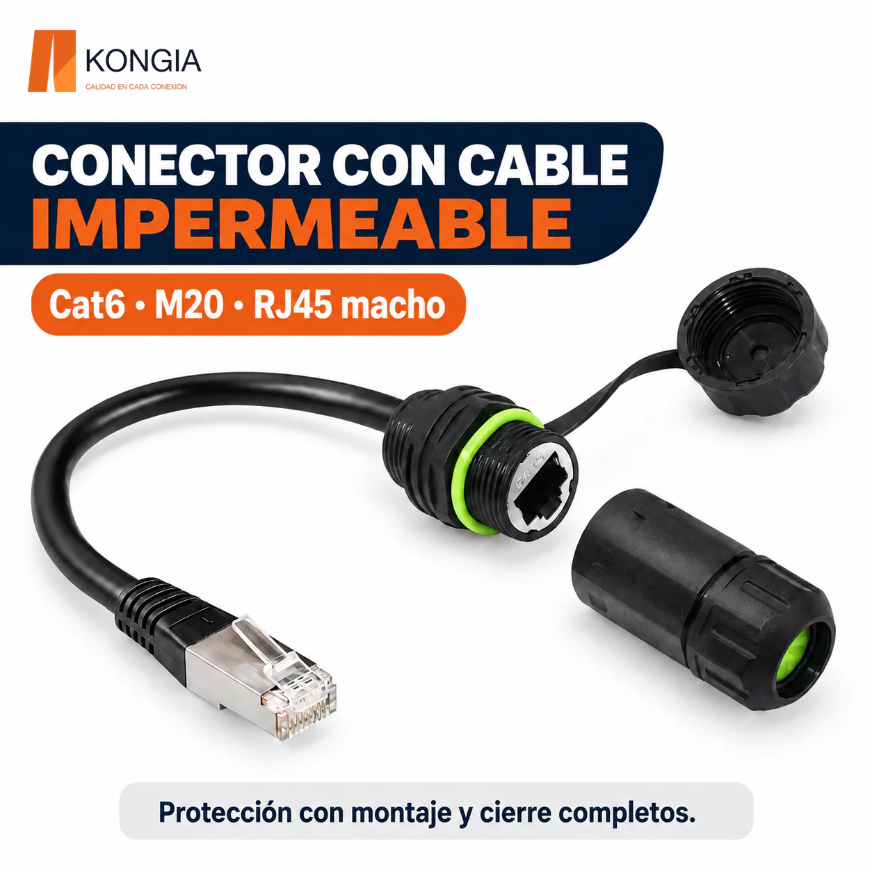 Conector de Panel Cat6 M20 con Cable RJ45 Macho, Tapa y Carcasa