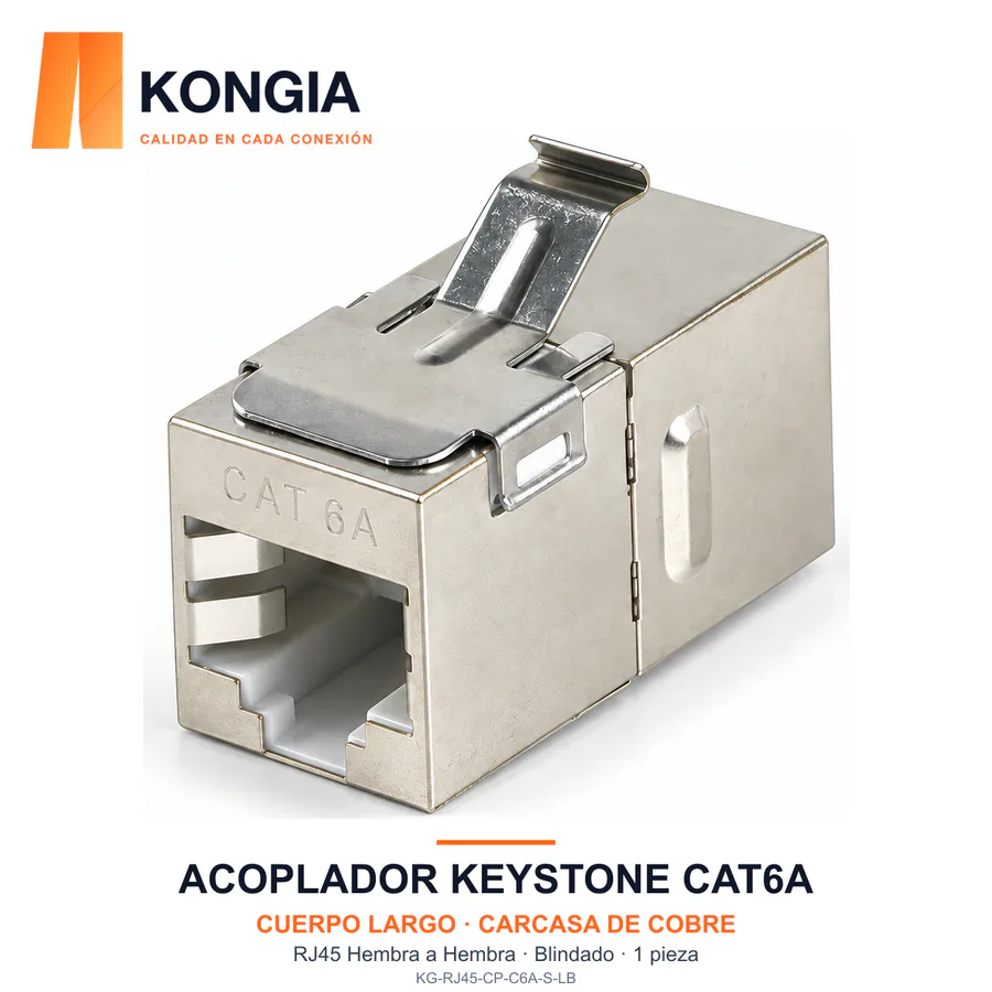 Acoplador Keystone RJ45 Cat6A Blindado de Cuerpo Largo, Carcasa de Cobre — 1 Pieza