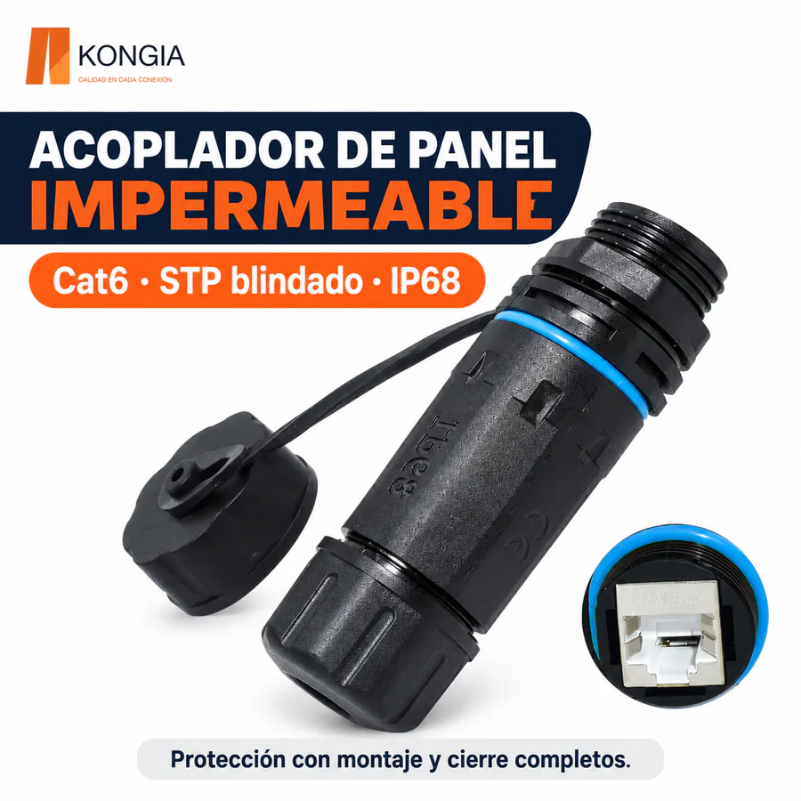 Acoplador de Panel Cat6 Blindado STP IP68, RJ45 Hembra (8P8C) a RJ45 Hembra (8P8C), con Carcasa y Tapa