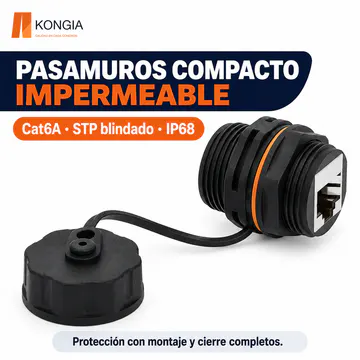 Vista del acoplador pasamuros compacto Cat6A con tapa de retención