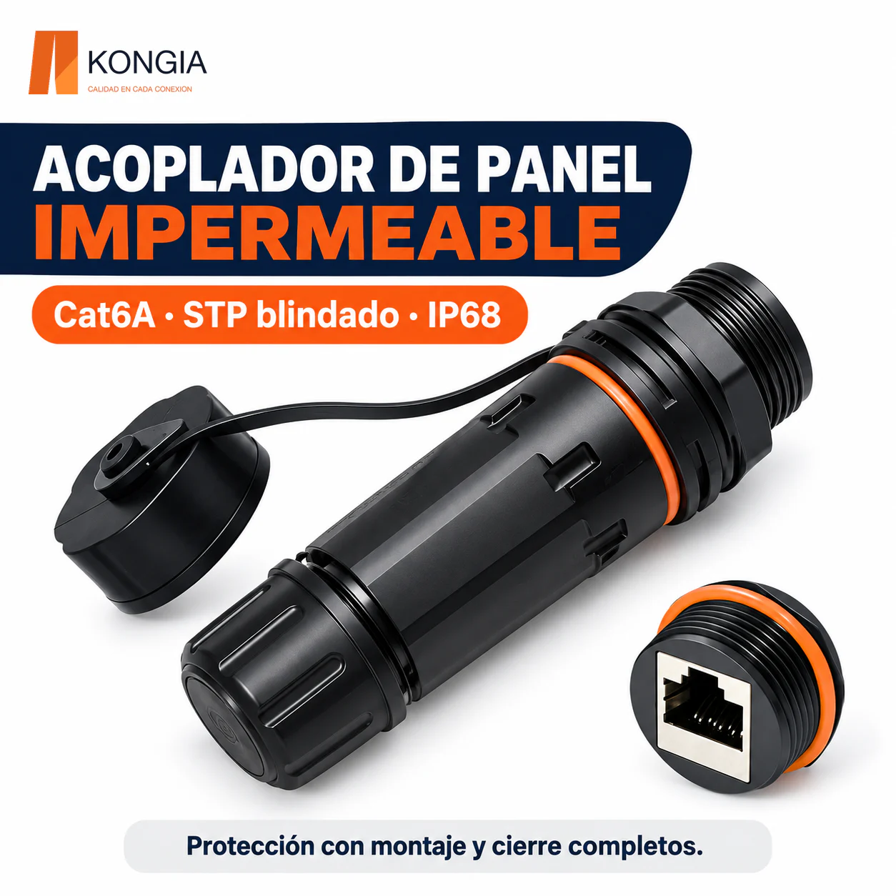Acoplador de Panel Cat6A Blindado STP IP68 M23, RJ45 Hembra (8P8C) a RJ45 Hembra (8P8C), con Tapa