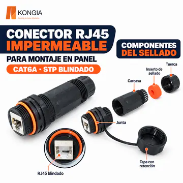 Despiece: tuerca, sello, carcasa posterior, junta, tapa y módulo RJ45