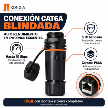 Características del modelo de referencia Cat6A STP IP68 con cuerpo PA66
