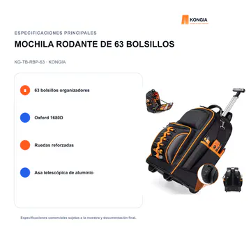 Especificaciones principales — Mochila Rodante Profesional para Herramientas de 63 Bolsillos — KG-TB-RBP-63
