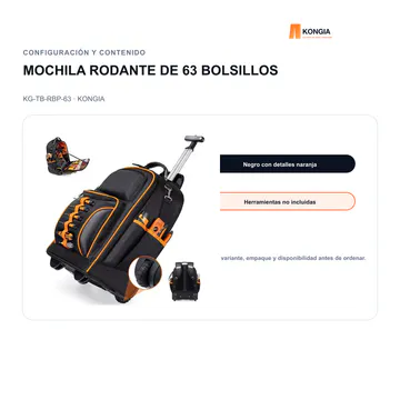 Configuración y contenido — Mochila Rodante Profesional para Herramientas de 63 Bolsillos — KG-TB-RBP-63