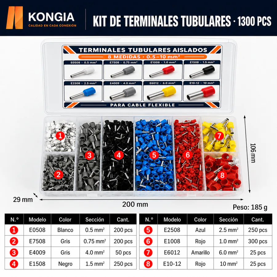 Kit de Terminales Tubulares Aislados, 8 Medidas, 0.5–10 mm², 1300 Piezas