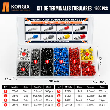 Contenido, medidas y peso del kit de 1300 piezas — Kit de Terminales Tubulares Aislados, 8 Medidas, 0.5–10 mm², 1300 Piezas — KG-TERM-CTK-1300