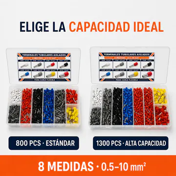 Comparación entre las capacidades de 800 y 1300 piezas — Kit de Terminales Tubulares Aislados, 8 Medidas, 0.5–10 mm², 1300 Piezas — KG-TERM-CTK-1300