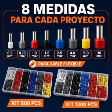 Ocho medidas de terminal tubular para cable flexible — Kit de Terminales Tubulares Aislados, 8 Medidas, 0.5–10 mm², 1300 Piezas — KG-TERM-CTK-1300