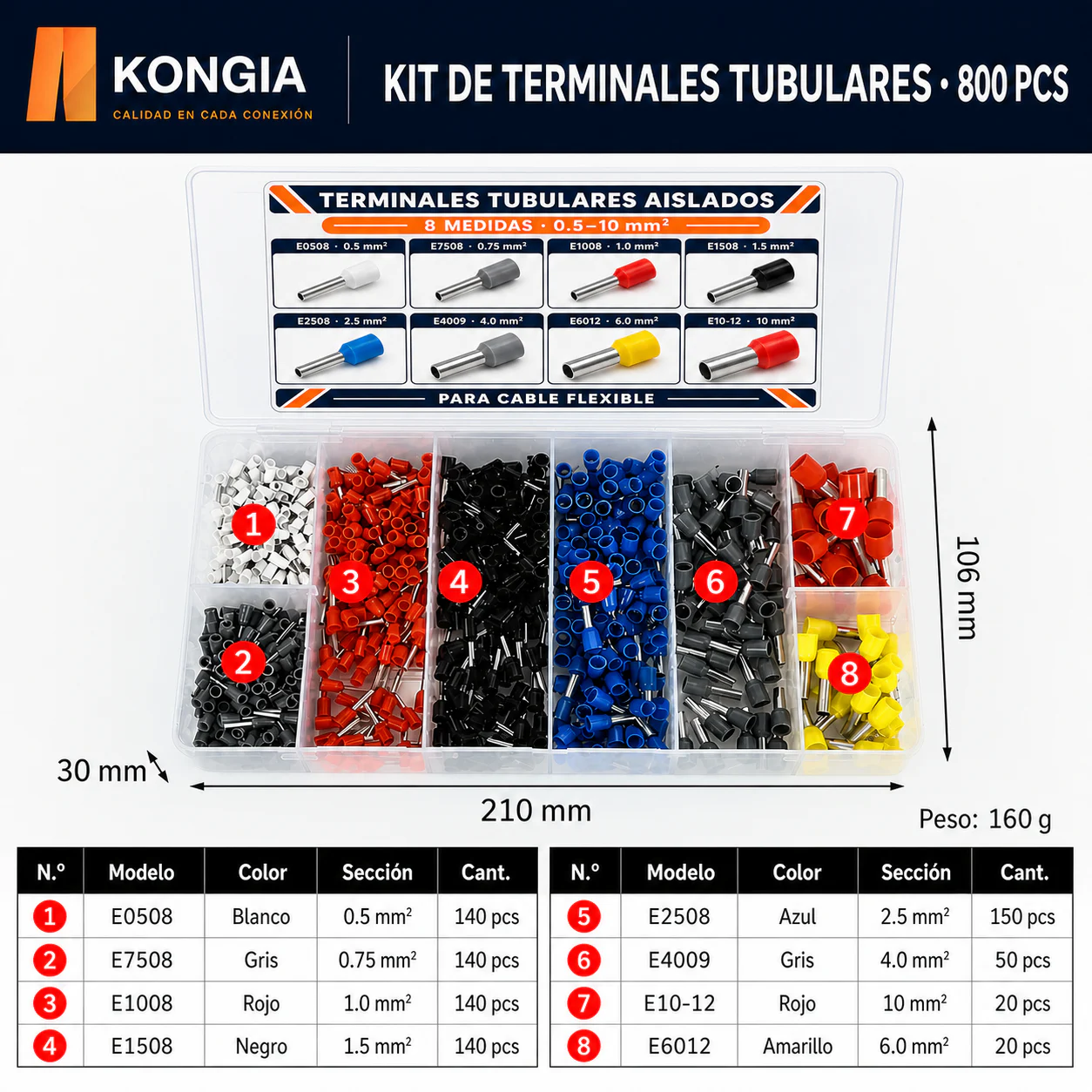 Kit de Terminales Tubulares Aislados, 8 Medidas, 0.5–10 mm², 800 Piezas