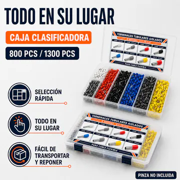 Caja clasificadora transparente para selección y transporte — Kit de Terminales Tubulares Aislados, 8 Medidas, 0.5–10 mm², 800 Piezas — KG-TERM-CTK-800