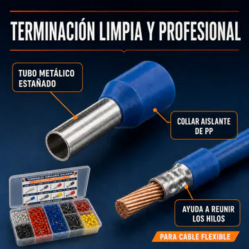 Tubo metálico estañado y collar aislante de PP — Kit de Terminales Tubulares Aislados, 8 Medidas, 0.5–10 mm², 800 Piezas — KG-TERM-CTK-800