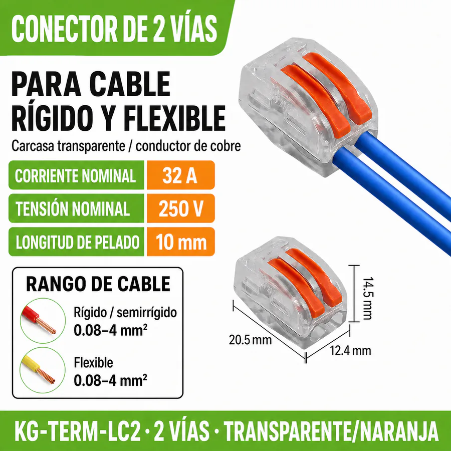 Conector Rápido de Palanca para Cable, 2 Vías, 32 A, 250 V, 50 Piezas