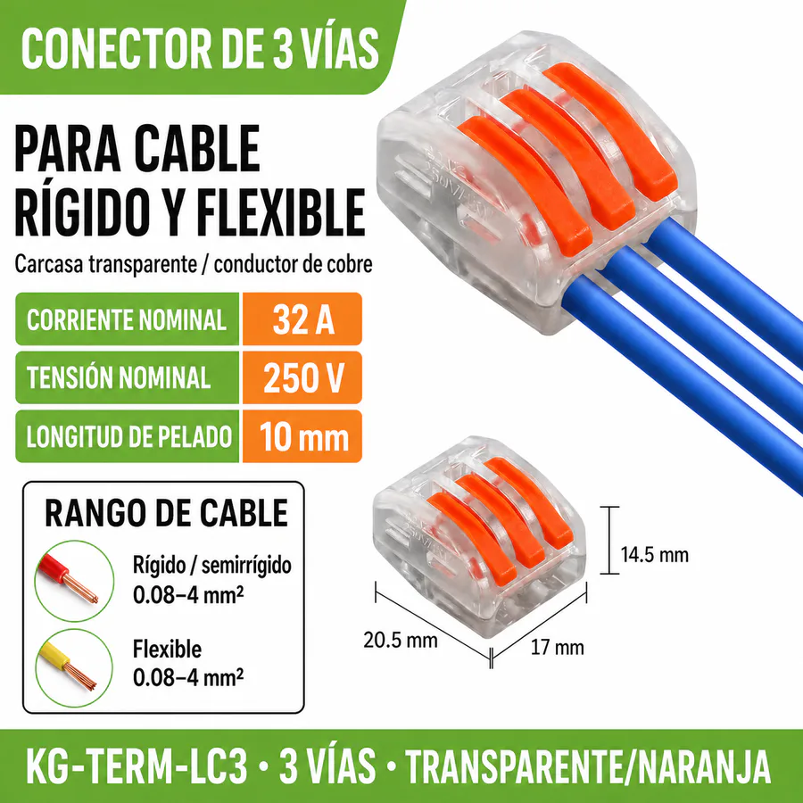 Conector Rápido de Palanca para Cable, 3 Vías, 32 A, 250 V, 50 Piezas
