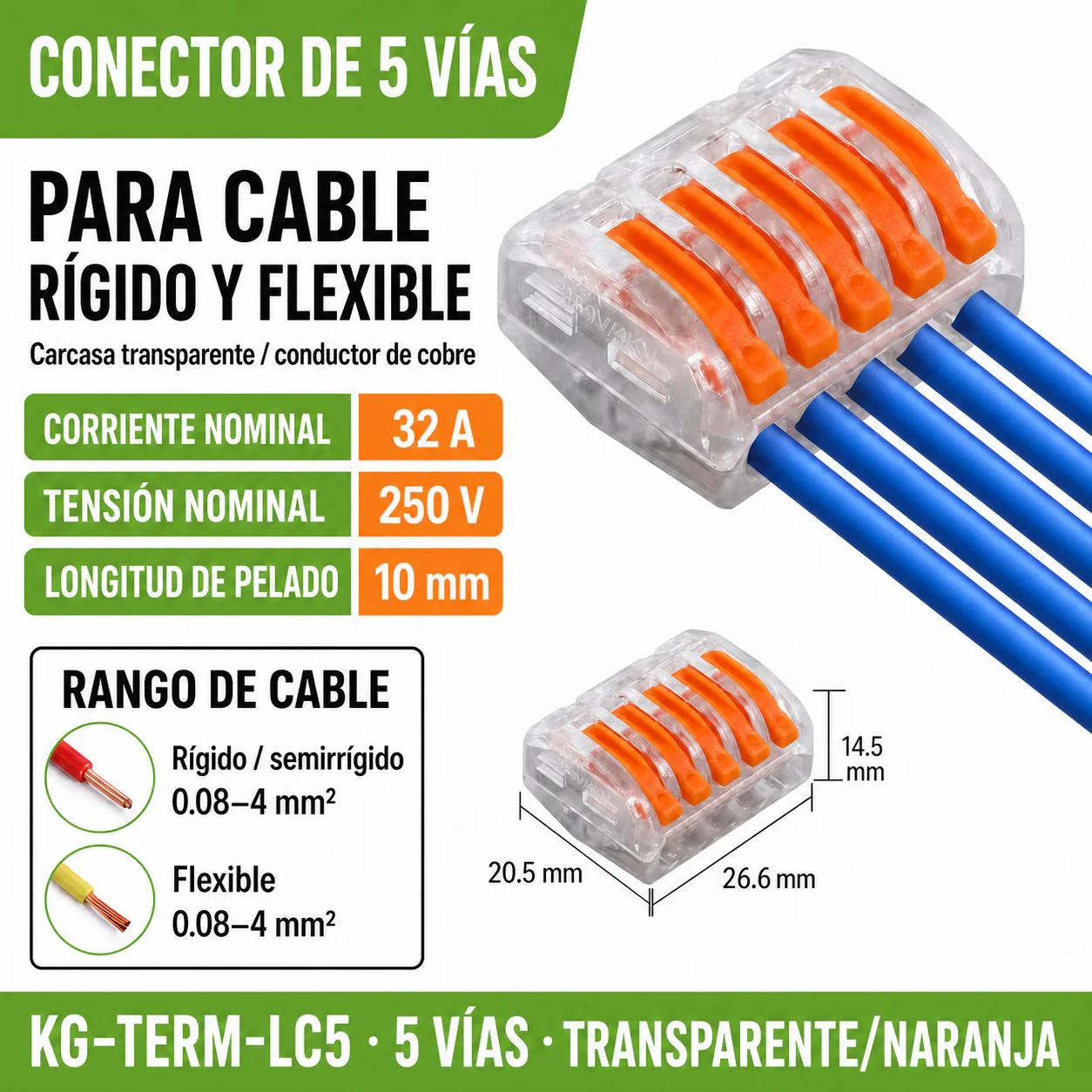 Conector Rápido de Palanca para Cable, 5 Vías, 32 A, 250 V, 30 Piezas