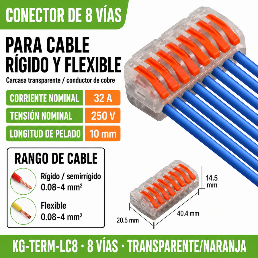 Conector Rápido de Palanca para Cable, 8 Vías, 32 A, 250 V, 20 Piezas