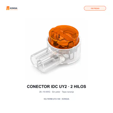 Vista principal del conector IDC transparente con tapa naranja — Conector IDC UY2 con Gel para 2 Conductores, 26–19 AWG, 100 Piezas — KG-TERM-UY2-100