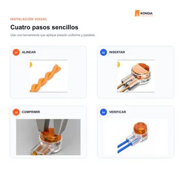 Instalación visual en cuatro pasos — Conector IDC UY2 con Gel para 2 Conductores, 26–19 AWG, 100 Piezas — KG-TERM-UY2-100