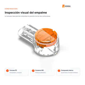 Carcasa transparente y contacto IDC visible — Conector IDC UY2 con Gel para 2 Conductores, 26–19 AWG, 100 Piezas — KG-TERM-UY2-100