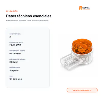 Rango de conductor y datos de selección — Conector IDC UY2 con Gel para 2 Conductores, 26–19 AWG, 100 Piezas — KG-TERM-UY2-100