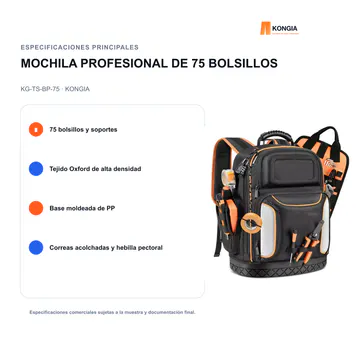 Especificaciones principales — Mochila Profesional para Herramientas de 75 Bolsillos — KG-TS-BP-75