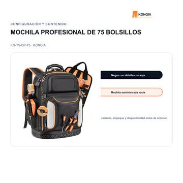 Configuración y contenido — Mochila Profesional para Herramientas de 75 Bolsillos — KG-TS-BP-75
